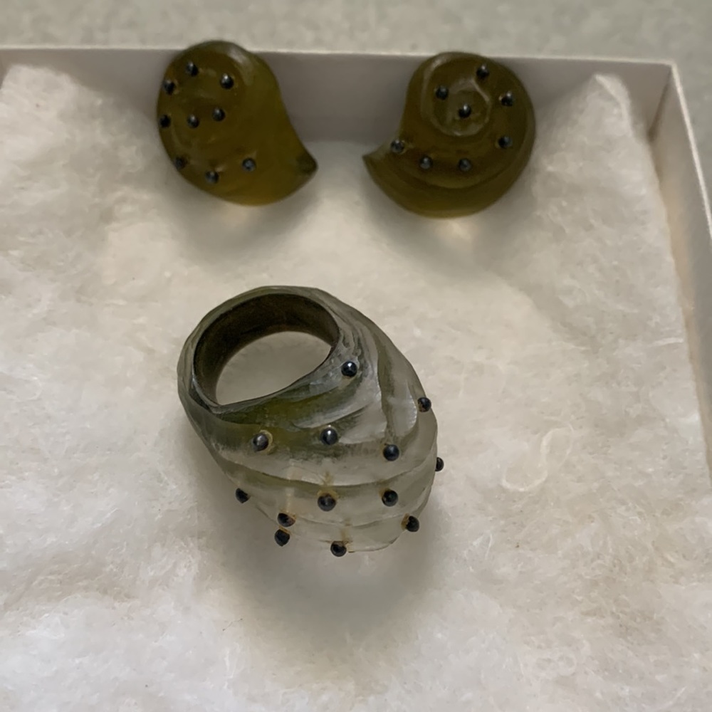 Alexis Bittar Green/Yellow Lucite Studded Ring and Earrings